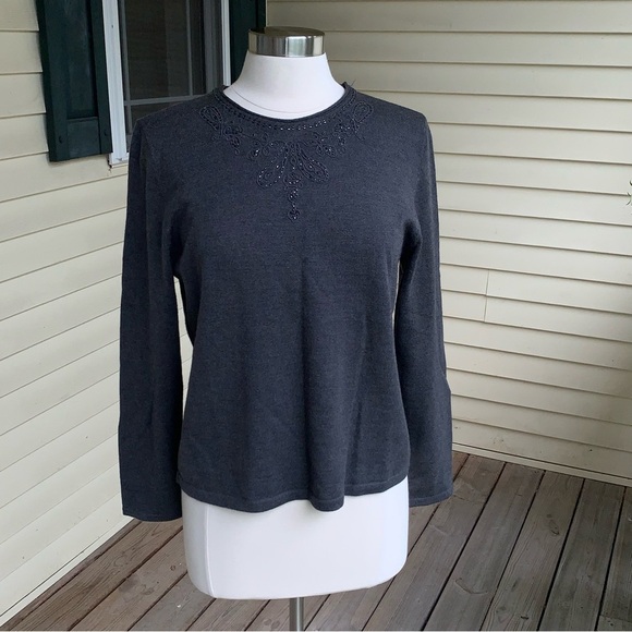 Pendleton 100% Merino Wool Beaded Sweater Women’s Size Large Charcoal Gray Crew - Picture 1 of 6